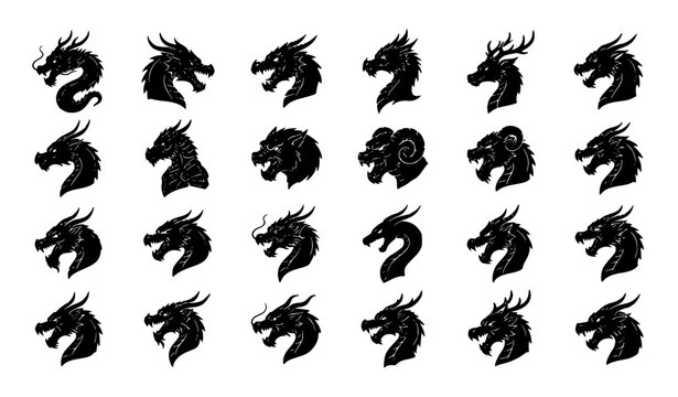 Dragon Head Silhouette Collection Hand Drawn Mythical Dragon Face Symbol Vector Set Isolated on White Background