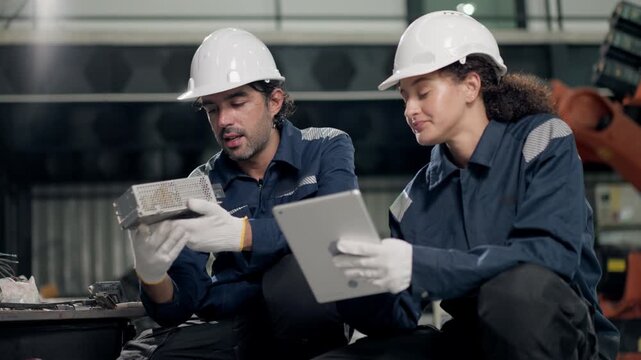 Environmental engineers sort electronic waste and machine parts in factory. using tablet data for waste management, responsible disposal, sustainability management.