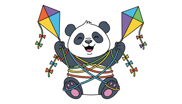 Happy cartoon panda bear playing with two colorful kites, childish