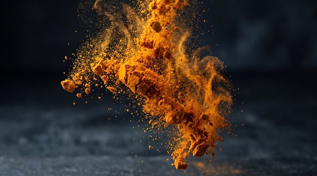 Vivid orange turmeric powder exploding into scattered fine particles and clumps against a dark moody background
