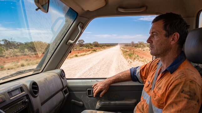 Road worker travels across an isolated Australian outback route