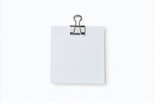 Blank white note paper with silver binder clip isolated on white background