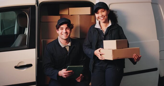 Courier, face or team with boxes at delivery van for distribution, efficiency or order fulfillment. Tablet, people or happy at transport for logistics service, package export or dispatch coordination