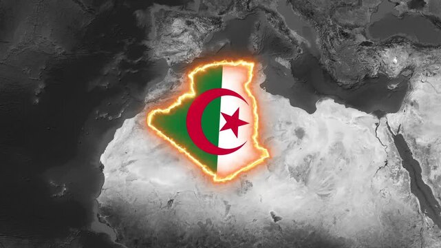 Algeria map glowing with fire motion in digital animation footage background