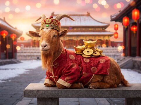 Red goat in festive tang suit with golden ingots on its back against blurred background of the Forbidden City. 2027 Year of the Goat. Chinese New Year decor. Funny animal for poster, card