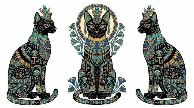 Three Ornate Egyptian Black Cats Decorated with Gold and Blue Hieroglyphs Sitting on White Background