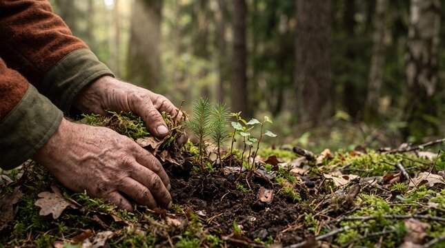 Ecologist checks young seedlings on a Swedish forest floor