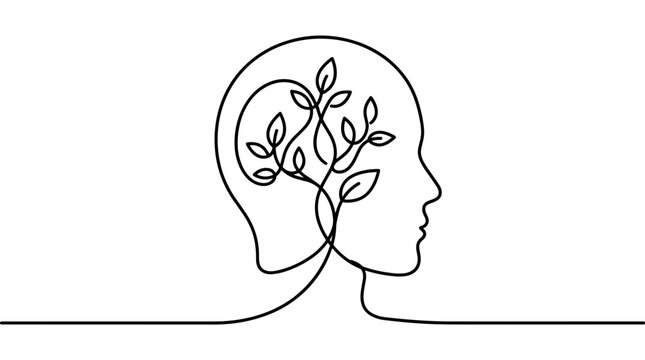 Line art illustration of human head profile with organic tree growing inside the brain