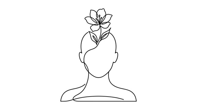Minimalist one line illustration of person head with blooming flower growing from the top