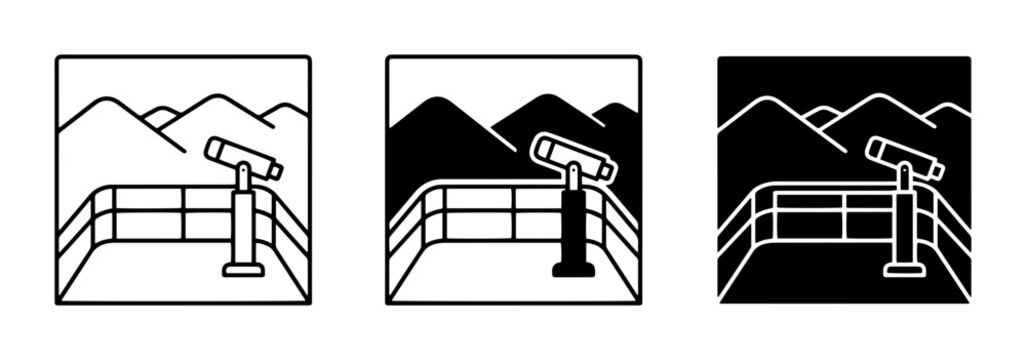 Observation Deck Telescope Icons: Scenic Mountain View, Lookout Point Binoculars, Travel Vista Graphics