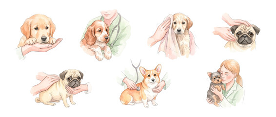 Obraz premium Veterinary dog care puppy set watercolor illustration showing vet checkup, pet grooming, and medical exam with pug, corgi, and golden retriever for animal health concept isolated on black background