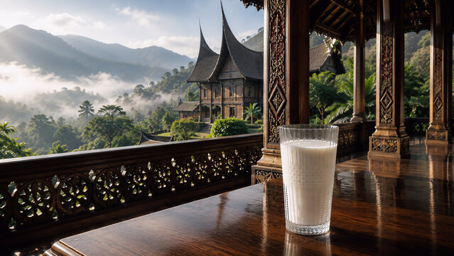 A glass of fresh milk on a wooden table with a view of the misty mountains and a traditional 'Rumah Gadang' Minangkabau house in the background.