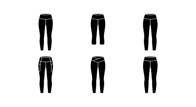 Six Black Leggings Vector Icons, Activewear Apparel Silhouettes for Fitness and Fashion