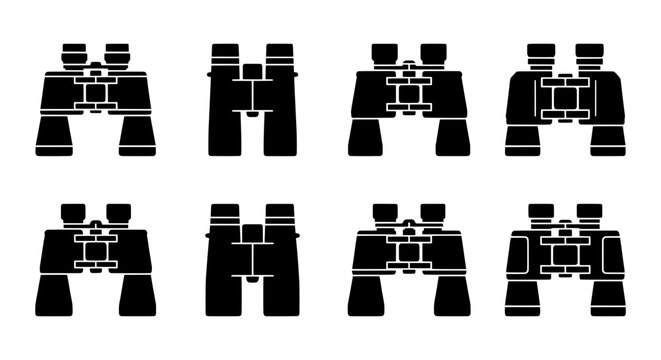 Binoculars Icon Set, Optical Zoom Lens Symbols, Magnifying View Graphics, Surveillance Equipment Vector