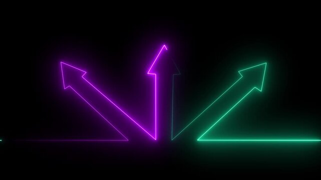 Green and Purple Neon Arrows Diverging on a Black Background direction choice