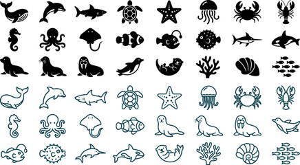 Obraz premium Sea animal icon collection silhouette and outline icons including aquatic life and marine species with wildlife, creature