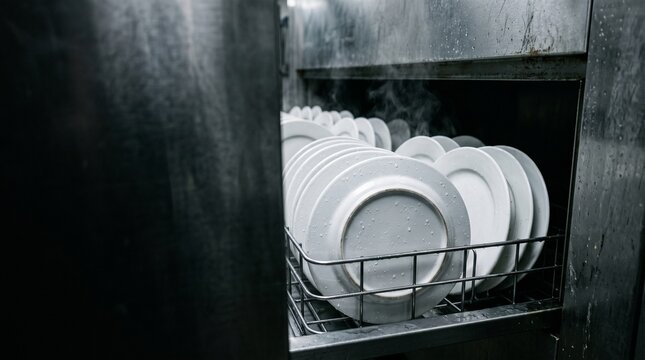 Clean plates leave a commercial dishwasher in cool light