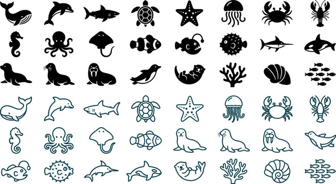 Sea animal icon collection silhouette and outline icons including aquatic life and marine species with wildlife, creature