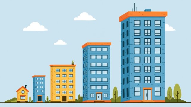 A colorful flat vector depicting small, medium, and large company buildings symbolizing business growth and development in a clean modern style.
