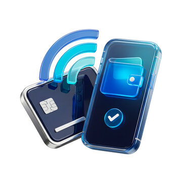 Digital mobile wallet with credit card, contactless payment technology, 3D glass smartphone app for secure online banking  on a transparent background