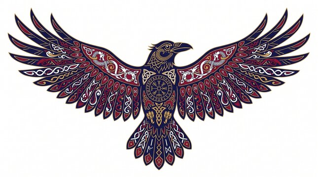 Ornate Viking Raven Illustration with Celtic Knots and Runes on White Background