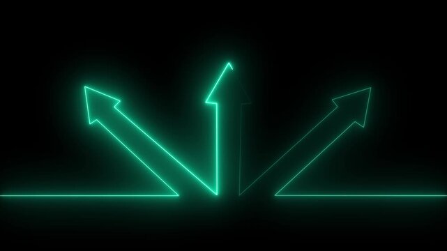 Three Cyan Neon Arrows Pointing Upwards and Outwards on a Black Background direction choice