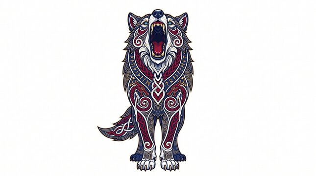 Stylized Howling Wolf Illustration with Norse Runes and Celtic Knots Isolated on White Background