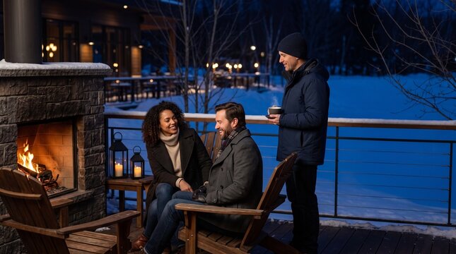 Friends linger beside a hearth after winter dinner