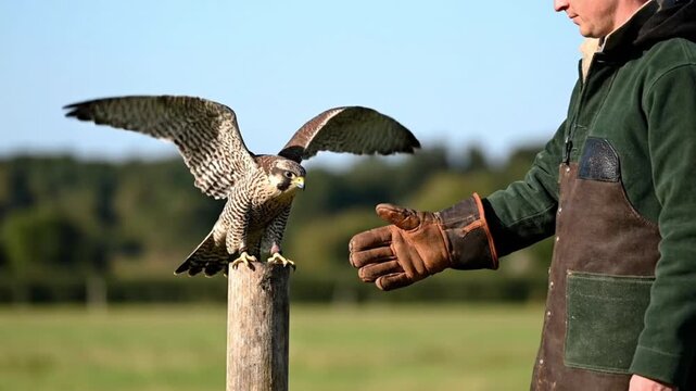 Bird of prey falconry training with a falconer and a hawk