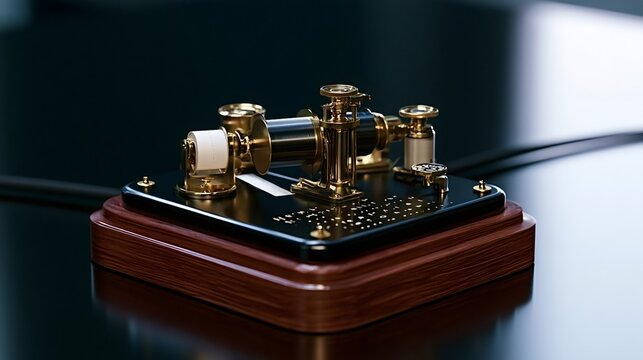 Antique telegraph machine with a brass mechanism and a paper roll, sitting on a black base and wooden platform, transmitting a communication signal