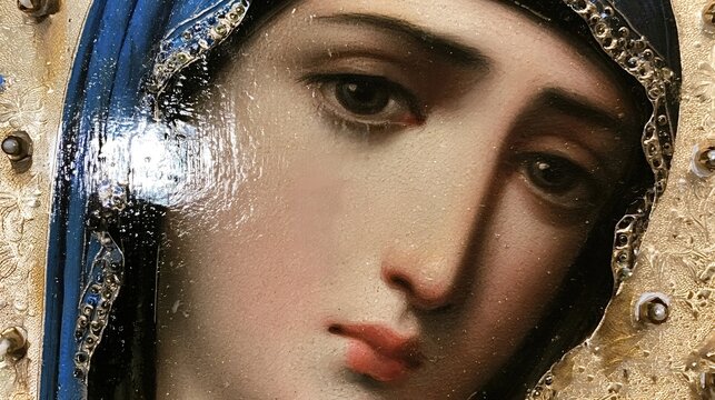 Virgin mary icon showing a close up of her face, reflecting profound sadness and spiritual devotion, rendered in a traditional religious art style with golden embellishments