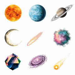 Watercolor space collection with planets and celestial bodies. Set of 9 cosmic icons including sun, moon, and galaxy. Artistic astronomy illustrations. © Amzad