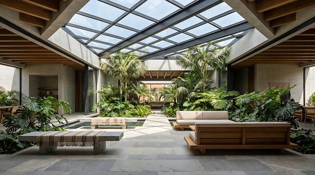 Modern interior atrium with lush plants, elegant seating, and water. Natural light from a large skylight creates a serene architectural oasis