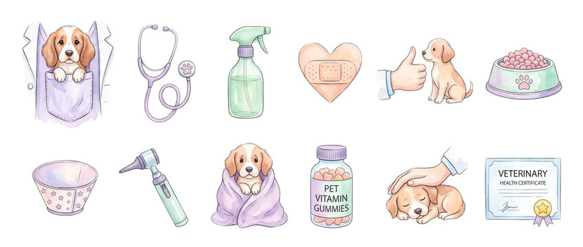 Veterinary pet care clipart set featuring cute puppies, stethoscope, medical tools, and health certificate icons for animal clinic branding, pet healthcare stickers, and veterinary illustrations.
