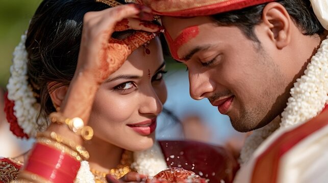 Indian bride and groom performing a sacred hindu wedding ritual, with the bride looking at the camera while the groom applies sindoor, celebrating their union and cultural tradition