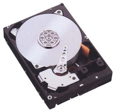 Internal view of an open computer hard disk drive on transparent background