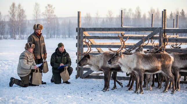 Reindeer health gathering with herders checking animals in snowy northern landscape