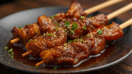 Fototapeta premium Delicious Glazed Chicken Skewers with Sesame Seeds and Herbs on Dark Plate