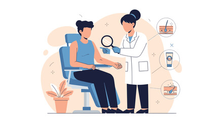 Fototapeta premium Dermatologist Examines Patient Skin with Magnifying Glass, Medical Illustration