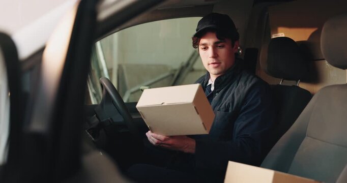 Phone, boxes and delivery man in van for logistics or freight, distribution or b2c information. Package, cargo and courier with digital technology for supply chain and order inventory in vehicle