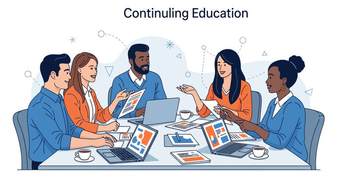 Diverse team in a meeting discussing continuing education and professional development.