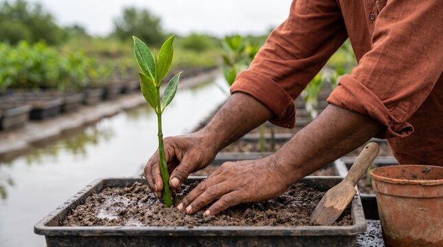 Worker prepares mangrove propagules for coastal restoration