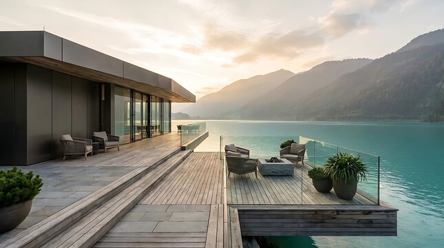 Modern architectural masterpiece on a tranquil lake, featuring an expansive deck, panoramic mountain views, and luxurious outdoor living spaces