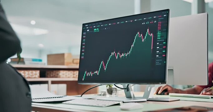 Trading, mistake and man with computer screen in business, shocked or stock market crash on website. Trader, surprised and person with bad financial news, coworking and data analysis with technology