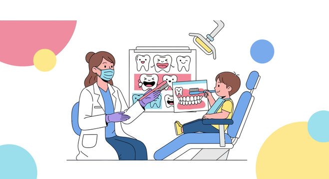Dentist teaching child about dental hygiene with tooth chart in clinic