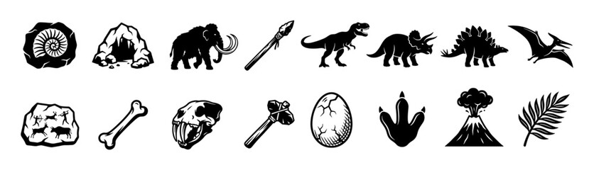 Prehistoric dinosaurs paleontology and caveman vector icon set © trianatio