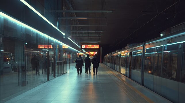 Passengers calmly leaving a modern subway platform under the guidance of transit staff after an emergency announcement, illuminated escape route