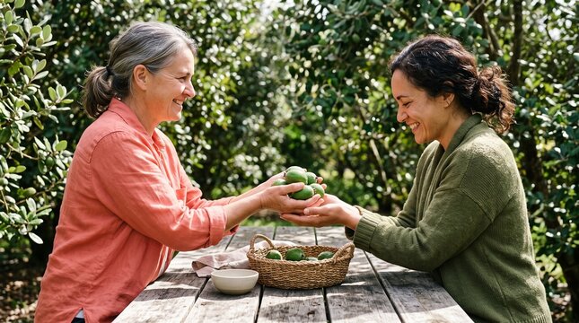 Grower shares fresh feijoas at an orchard table