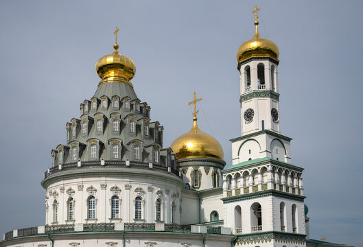 The domes of the Resurrection Cathedral in close-up. The New Jerusalem Monastery. Istra, Moscow Region, Russia