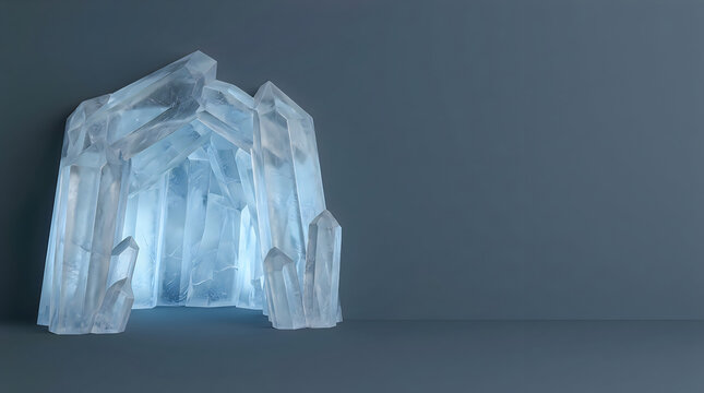 Abstract crystal cave formation with glowing blue light, 3d render